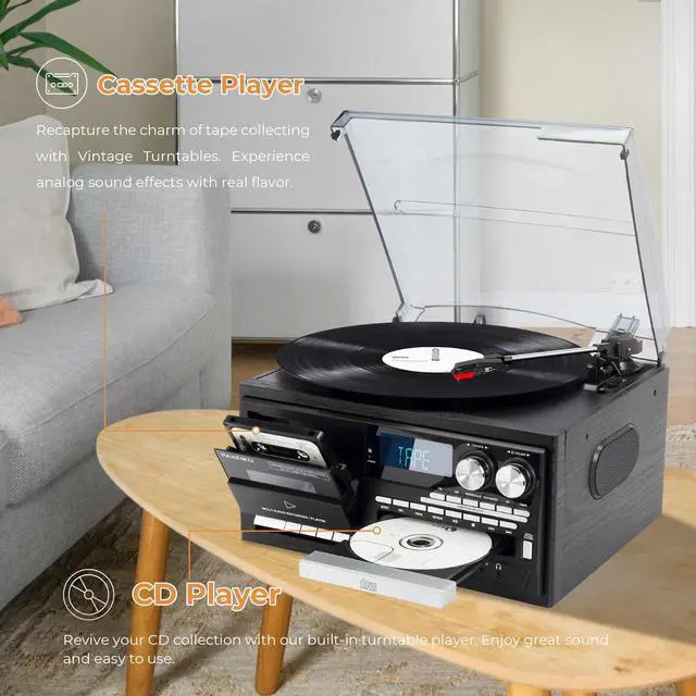Alt view image 5 of 6 - EU Plug 9 in 1 Record Player Bluetooth 3 Speed Turntable Built in Speakers AM FM Radio CD Cassette USB SD Playback Remote Control