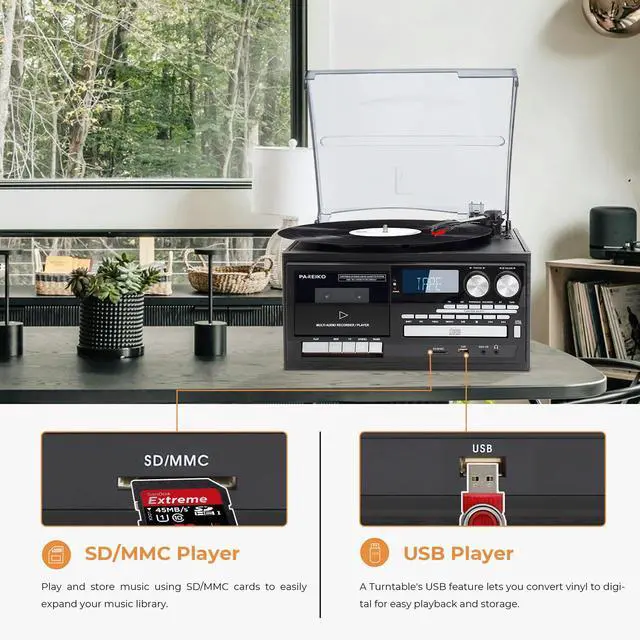 Alt view image 6 of 6 - EU Plug 9 in 1 Record Player Bluetooth 3 Speed Turntable Built in Speakers AM FM Radio CD Cassette USB SD Playback Remote Control