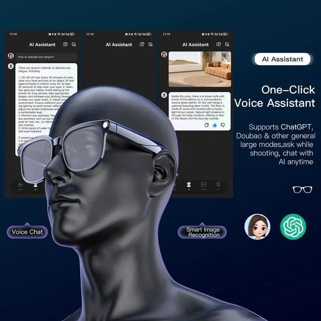 Alt view image 5 of 6 - Smart Glasses with Camera, 4K HD Video & Photo Capture Recording Glasses with Audio, AI ChatGPT Assistant, Real-Time Translation Bluetooth Camera Sunglasses, Voice Control Smart Glasses for Men Women