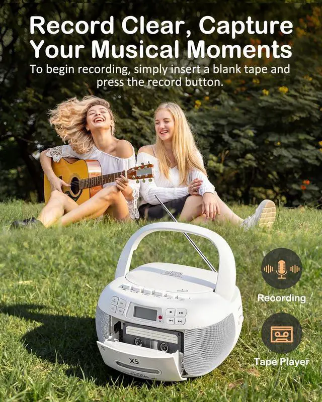 Alt view image 3 of 6 - Portable CD and Cassette Player Combo Boombox with AM FM Radio | CD Cassette Player with Bluetooth, Remote Control, Tape Recording, AUX/TF/USB/MP3 Playback, AC/DC Powered, Gift for Seniors