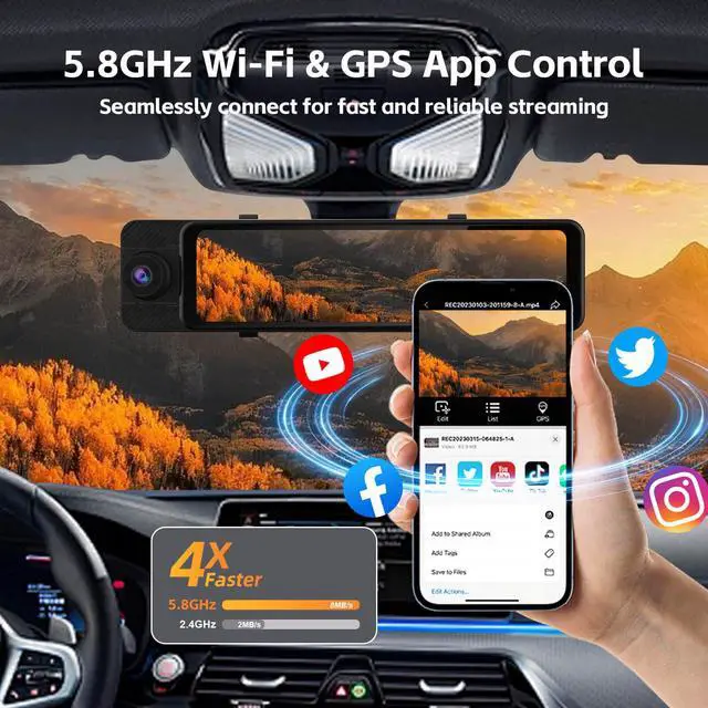 Alt view image 3 of 6 - 3 Channel Rear View Mirror Camera, 4K+1080P+1080P Front Inside and Rear | 12" Touch Screen Car Camera, Backup Camera with 5GHz WiFi GPS, 24H Parking Mode, HDR Night Vision, G Sensor, Free 64G Card