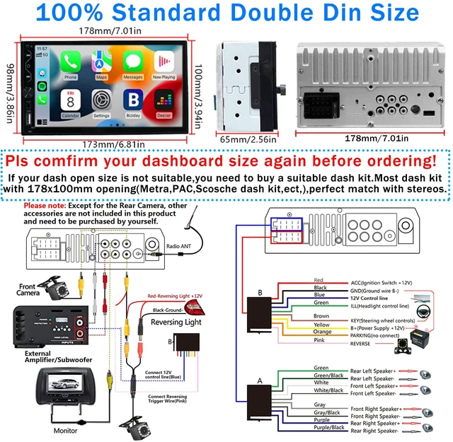 Alt view image 6 of 6 - Double Din Car Stereo with Wireless Carplay,Wireless Android Auto,7 inch Touch Screen Radio with Backup Camera,Bluetooth Car Audio Receiver,Mirror Link,SWC,FM/USB/AUX/Subwoofer