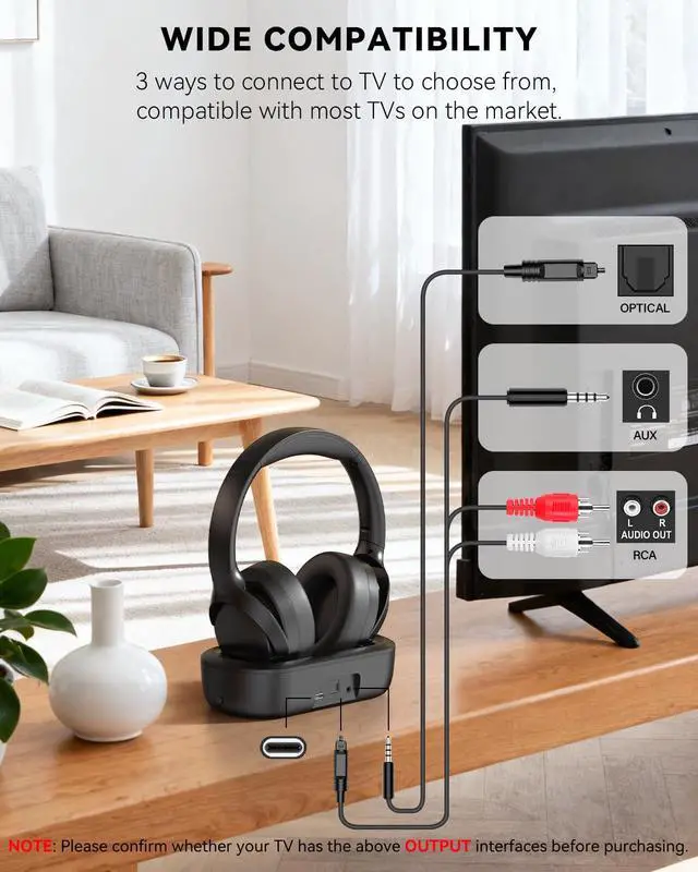 Alt view image 3 of 6 - Wireless Headphones for TV Watching with Charging Dock | Digital Optical RCA AUX 3.5MM Over Ear Headset for Seniors, Bluetooth Headphones No Delay, 30 Hrs Playtime, Plug and Play
