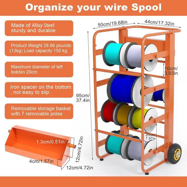 Alt view image 5 of 6 - Wire Spool Rack, Multi-Spool Wire Cart Cable Caddy, 11 Rods | Heavy Duty, Electrical Wire Spool Storage Holder, With Wheels, Cable Spool Dispenser Rack, For Electrical Industrial