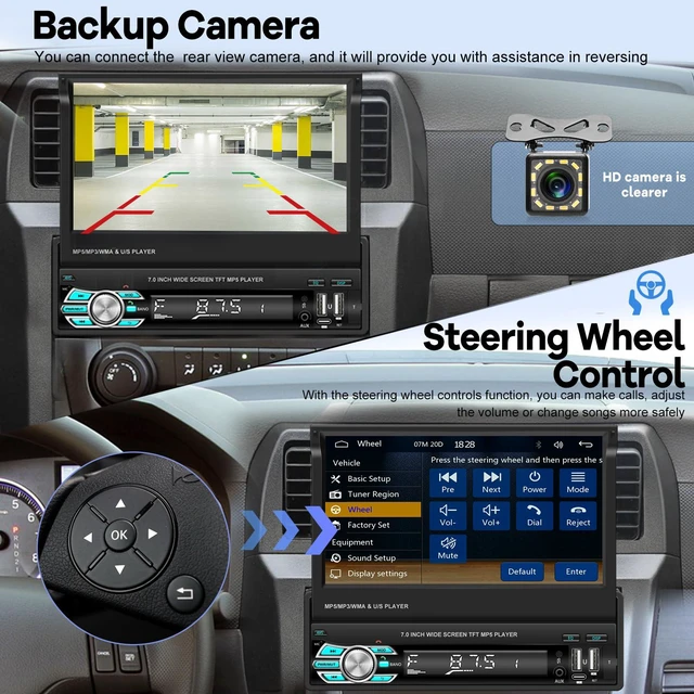 Alt view image 3 of 6 - Single Din Flip Out Screen Car Stereo with Wireless Carplay Android Auto | 7 inch 1 Din Touch Screen Radio Support Bluetooth/SWC/USB/FM + Backup Camera + Mic + Remote Control