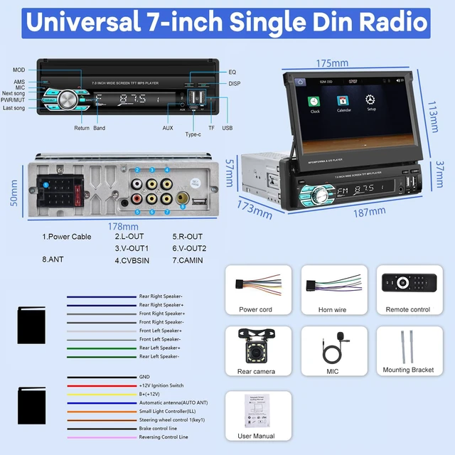 Alt view image 6 of 6 - Single Din Flip Out Screen Car Stereo with Wireless Carplay Android Auto | 7 inch 1 Din Touch Screen Radio Support Bluetooth/SWC/USB/FM + Backup Camera + Mic + Remote Control