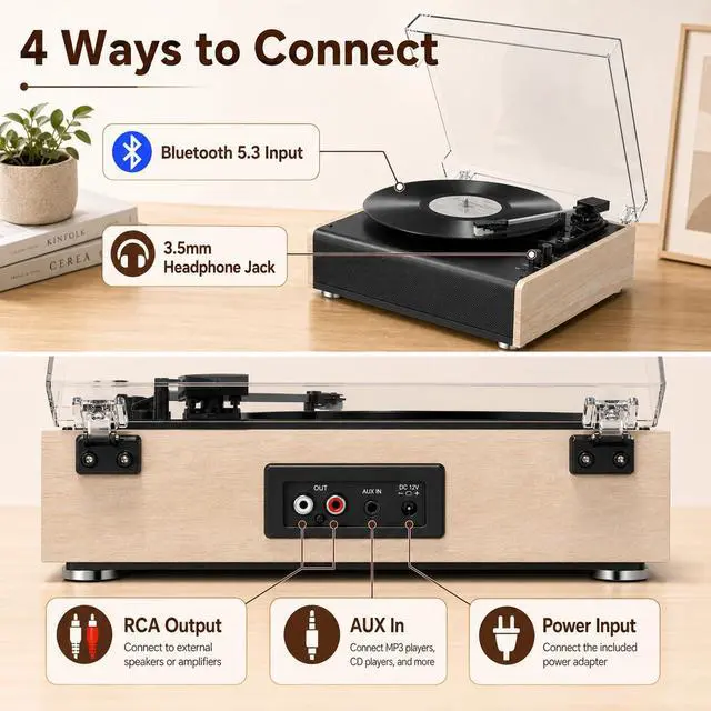 Alt view image 5 of 6 - Bluetooth Vinyl Record Player with Built-in Stereo Speakers, 3-Speed Belt-Drive Turntable for 7/10/12 Inch Vinyl Records, Magnetic Cartridge, RCA Out, AUX in, Headphone Jack, Vintage White Phonograph