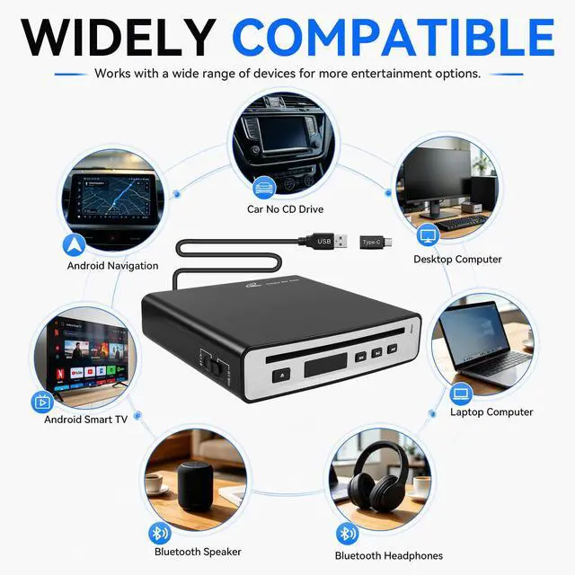 Alt view image 3 of 6 - Portable External Bluetooth CD Player for Car | Supports Type-C/USB Connections | Compatible Laptop, MacBook,TV, Bluetooth Speaker Android 4.4 and Above Navigation | High-Fidelity Sound Quality