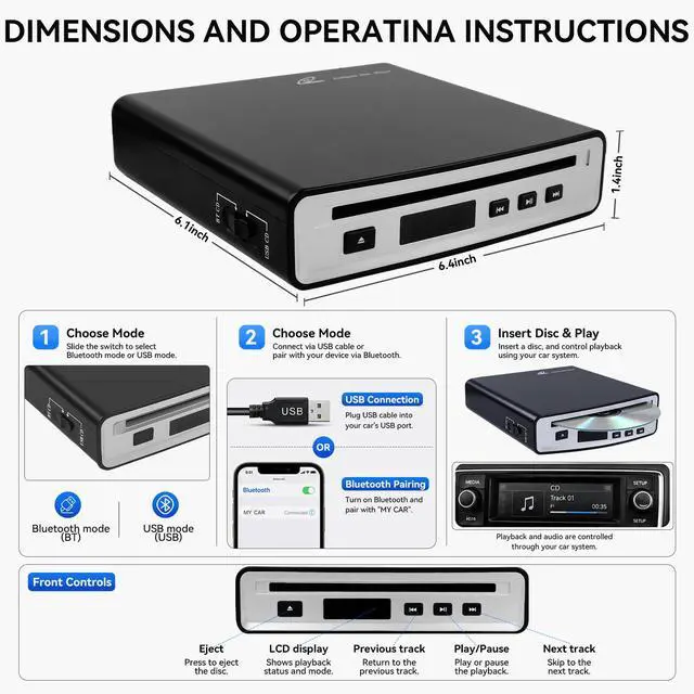 Alt view image 6 of 6 - Portable External Bluetooth CD Player for Car | Supports Type-C/USB Connections | Compatible Laptop, MacBook,TV, Bluetooth Speaker Android 4.4 and Above Navigation | High-Fidelity Sound Quality