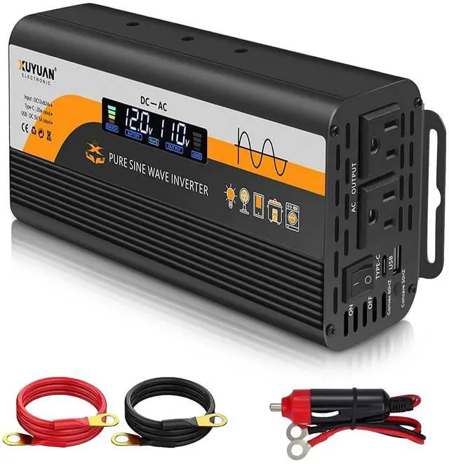 Main image of XUYUAN 1000W Pure Sine Wave Inverter 12V/24V for RV Camping Truck Emergency | 12V/24V Auto-Detect to 110V,50Hz/60Hz Switchable,LCD Display,Type-C Fast Charge,Safe&Silent for RV,Camping,Emergency Backu