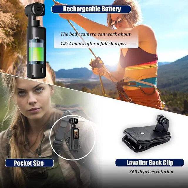 Alt view image 6 of 6 - 4K Pocket Body Camera with Audio & Video Recording, EIS Stabilization | 270° Rotating Len, Handheld POV Cameras with External Microphone, Vlogging Camera for Travel, Meeting, Daily Use(32GB)