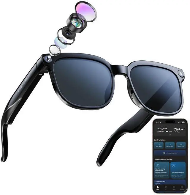 Main image of Smart Glasses with Camera, Bluetooth Music & Call, 800W HD Camera Glasses, 1080P Video Recording, Built-in ChatGPT Voice Assistant Control for Men Women (Black)