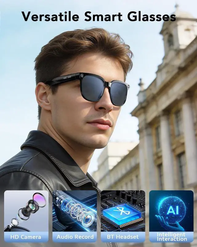 Alt view image 2 of 6 - Smart Glasses with Camera, Bluetooth Music & Call, 800W HD Camera Glasses, 1080P Video Recording, Built-in ChatGPT Voice Assistant Control for Men Women (Black)