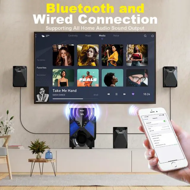 Alt view image 5 of 6 - Home Theater System, 1000 Watts Peak Power Surround Sound Systems | 5 Wired Satellite Audio Speakers 8" Subwoofer 5.1/2.1 Channel Deep Bass with ARC Optical Bluetooth AUX Input