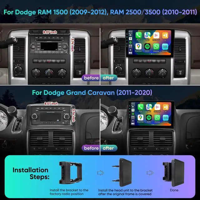 Alt view image 2 of 6 - 10th System & 5GWiFi6(1201Mbps) for Dodge RAM 1500 2500 3500 Radio Upgrade 2009 2010 2011 2012,Android 13 Stereo Replacement,AM+FM,Wireless/Wired Carplay Android Auto,1080P Camera ((4Ram 64Rom) 10th)