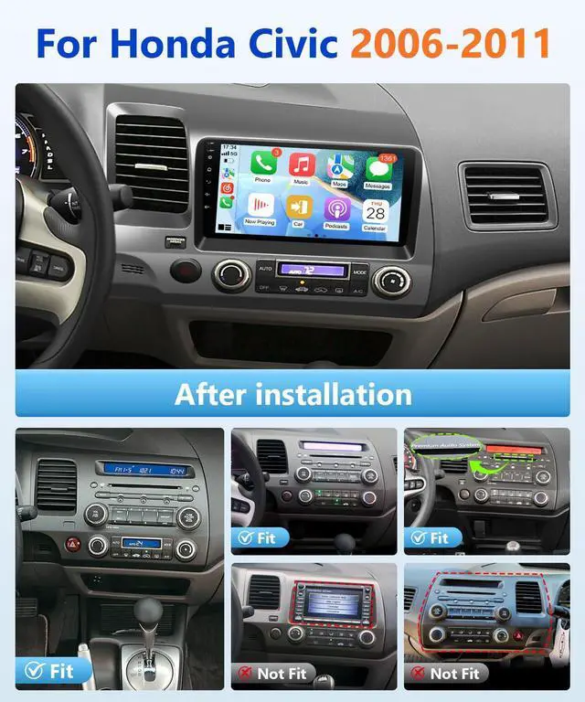 Alt view image 2 of 6 - 8Core 4G+64G Android Car Stereo for Honda Civic 2006-2011 | Apple CarPlay Android Auto, 9 IPS Touch Screen for Civic Radio Head Unit 5G WiFi GPS FM RDS EQ DSP Audio Receiver SWC Camera