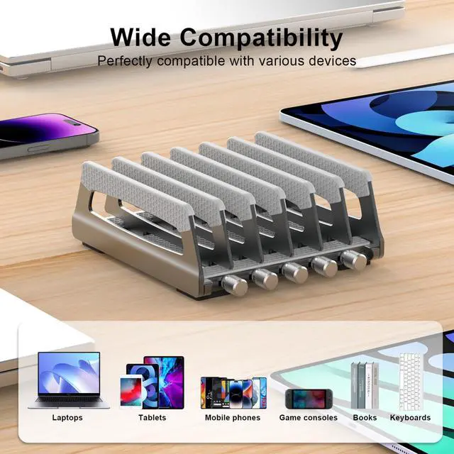Alt view image 4 of 6 - 6-Slot Vertical Laptop Stand & Holder Adjustable Aluminum Laptop Stand Vertical for Desk Fits 6 Devices, MacBook & Gaming Laptops (Up to 17.3)Space Saving Laptop Storage Rack - Grey