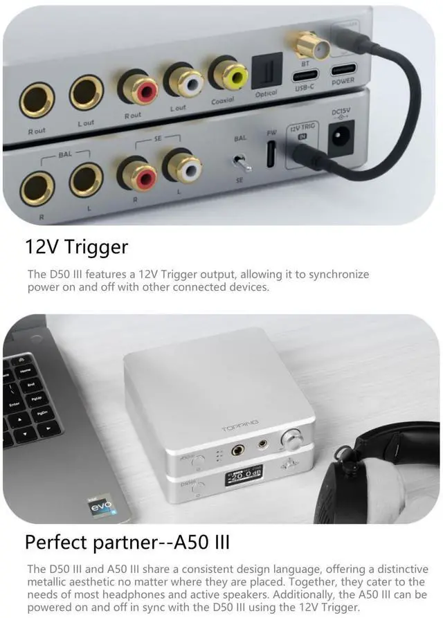 Alt view image 5 of 6 - D50 III Desktop HiFi DAC & Preamplifier, Dual ES9039Q2M, Bluetooth 5.1, Hi-Res Audio, DSD512/PCM768kHz Support, RCA/TRS Outputs, Includes 12V Trigger and Remote Control (Black)