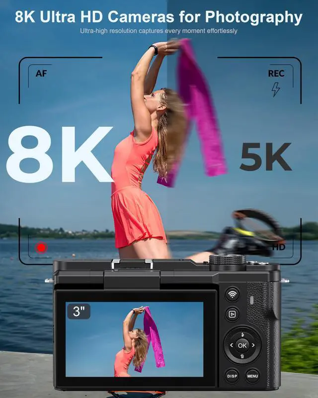 Alt view image 2 of 6 - 8K Digital Camera, 88MP Cameras for Photography, WiFi Vlogging Camera for YouTube with 3" 180° Flip Screen, 18X Zoom UHD Autofocus Video Camara with Lens Hood, 64GB Card
