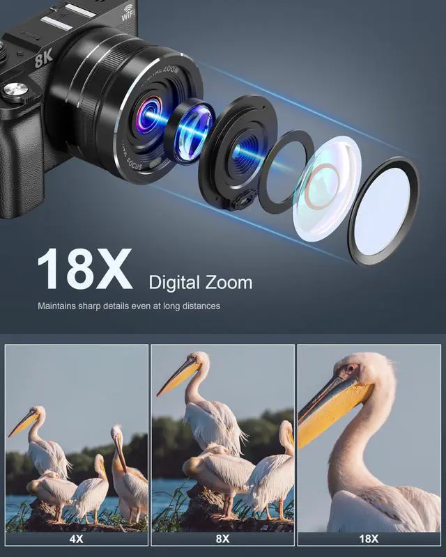 Alt view image 5 of 6 - 8K Digital Camera, 88MP Cameras for Photography, WiFi Vlogging Camera for YouTube with 3" 180° Flip Screen, 18X Zoom UHD Autofocus Video Camara with Lens Hood, 64GB Card