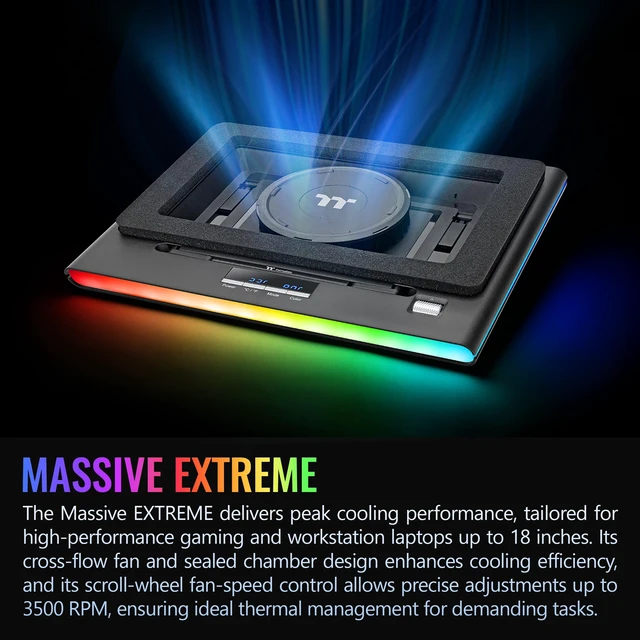 Alt view image 2 of 6 - Massive EXTREME Notebook Cooler; Laptop up to 18in; 800~3500 RPM; 48.5 CFM; 120mm Cross Flow Fan; Ambient Temp Sensor; PWM Scroll Wheel; 2 Stage Height & Angle Adjustment; CL-N023-PL12SW-B
