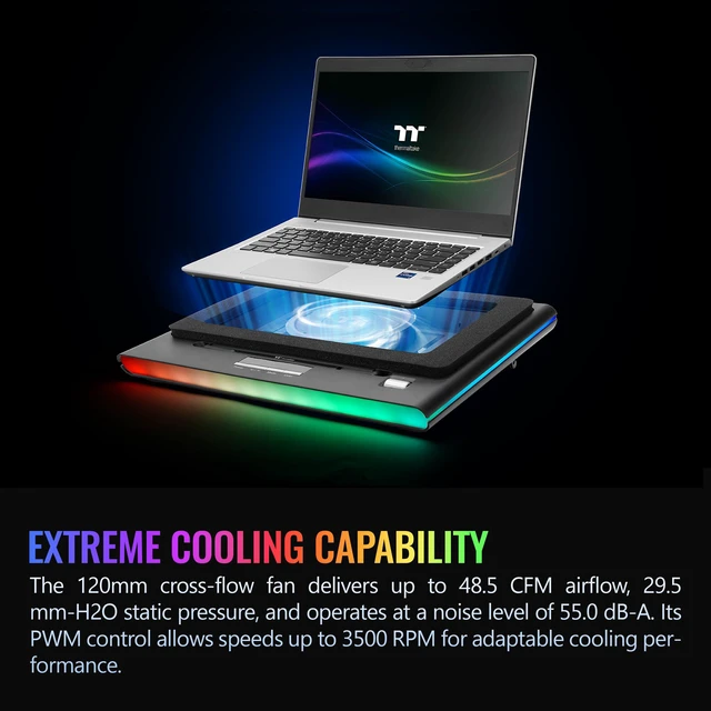Alt view image 3 of 6 - Massive EXTREME Notebook Cooler; Laptop up to 18in; 800~3500 RPM; 48.5 CFM; 120mm Cross Flow Fan; Ambient Temp Sensor; PWM Scroll Wheel; 2 Stage Height & Angle Adjustment; CL-N023-PL12SW-B