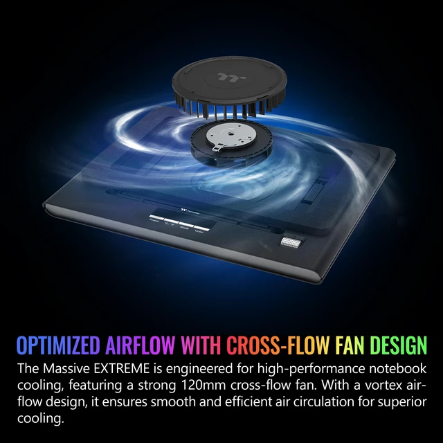 Alt view image 5 of 6 - Massive EXTREME Notebook Cooler; Laptop up to 18in; 800~3500 RPM; 48.5 CFM; 120mm Cross Flow Fan; Ambient Temp Sensor; PWM Scroll Wheel; 2 Stage Height & Angle Adjustment; CL-N023-PL12SW-B
