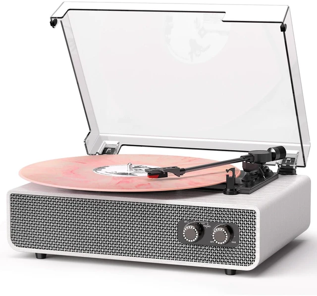 Main image of Vinyl Record Player with Upgraded Built-in Speakers, 3-Speed Belt-Driven Bluetooth Turntable for Vinyl Records, White Wood Grain Vintage Phonograph with RCA Out & AUX in, Auto Stop, MDF Cabinet