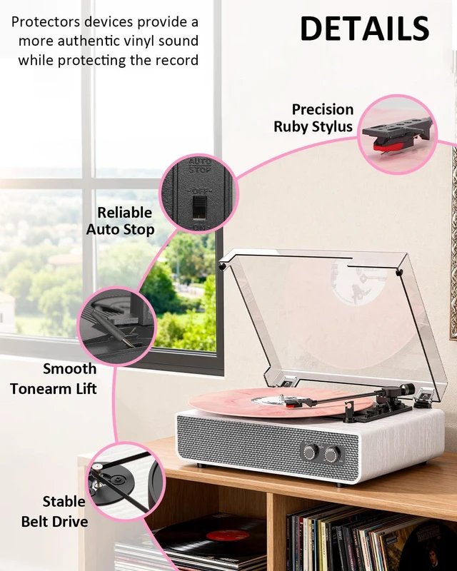 Alt view image 3 of 6 - Vinyl Record Player with Upgraded Built-in Speakers, 3-Speed Belt-Driven Bluetooth Turntable for Vinyl Records, White Wood Grain Vintage Phonograph with RCA Out & AUX in, Auto Stop, MDF Cabinet