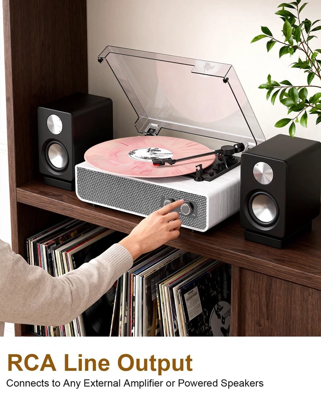 Alt view image 4 of 6 - Vinyl Record Player with Upgraded Built-in Speakers, 3-Speed Belt-Driven Bluetooth Turntable for Vinyl Records, White Wood Grain Vintage Phonograph with RCA Out & AUX in, Auto Stop, MDF Cabinet