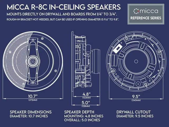 Alt view image 6 of 6 - R-8C Reference 8-Inch 2-Way in-Ceiling Speaker, Round, Each, White | 9.5-Inch Cutout, Home Theater, 8" Carbon-Glass Woofer and 1" Aimable Aluminum-Dome Tweeter, Tone Controls, Low Profile Grille