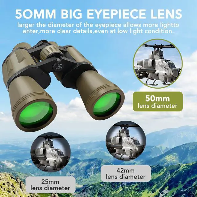 Alt view image 3 of 6 - 20x50 Binoculars for Adults High Powered, Military Compact HD Waterproof Binoculars with Low Light Vision for Bird Watching Travel Hunting Football Games Stargazing with Carrying Case and Strap(Mud)