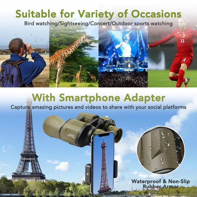 Alt view image 6 of 6 - 20x50 Binoculars for Adults High Powered, Military Compact HD Waterproof Binoculars with Low Light Vision for Bird Watching Travel Hunting Football Games Stargazing with Carrying Case and Strap(Mud)