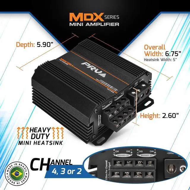 Alt view image 3 of 6 - MDX1200.4 1 Ohm Mini 4 Channel Car Audio Amplifier 4 x 300 Watts RMS at 1 Ohm - 1200 Watt 12 Volts Bridgeable Amp for Powersports, Motorcycles, ATV, for High Power Stereo Speaker Systems