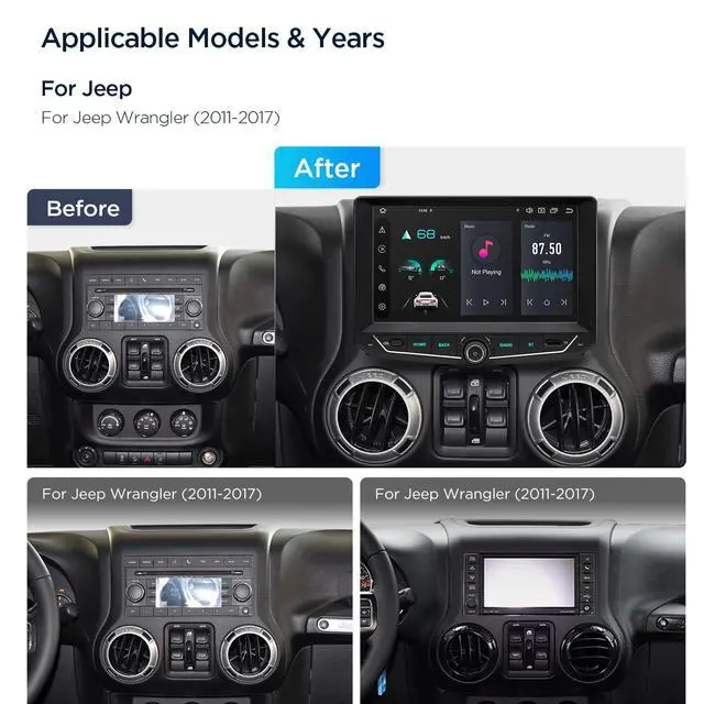Alt view image 3 of 6 - 9 Android Car Stereo for Jeep Wrangler JK 2011-2017, 8 Core, 4+64GB | IPS Touch Screen Android 14 Head Unit, Support Wireless CarPlay/Android Auto, GPS Navigation, Bluetooth, DSP, 4G, Gyro Sensor
