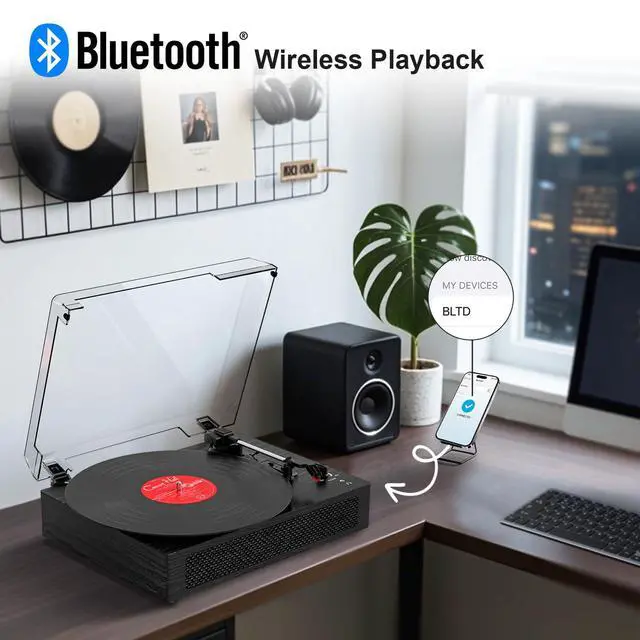 Alt view image 2 of 6 - Vinyl Record Player Bluetooth Turntable with Built in Stereo Speakers Belt Drive 3 Speeds Turntables for Vinyl Records Support RCA Output, Aux in, Auto Stop Black