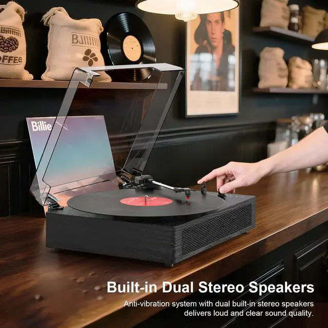 Alt view image 3 of 6 - Vinyl Record Player Bluetooth Turntable with Built in Stereo Speakers Belt Drive 3 Speeds Turntables for Vinyl Records Support RCA Output, Aux in, Auto Stop Black