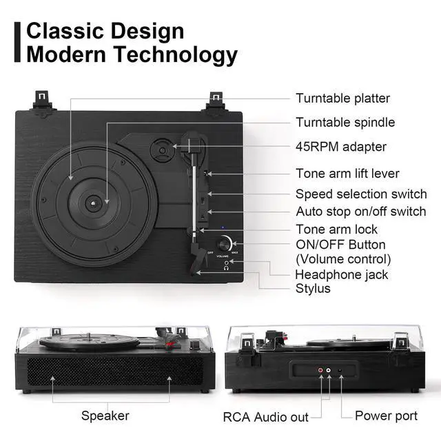 Alt view image 4 of 6 - Vinyl Record Player Bluetooth Turntable with Built in Stereo Speakers Belt Drive 3 Speeds Turntables for Vinyl Records Support RCA Output, Aux in, Auto Stop Black