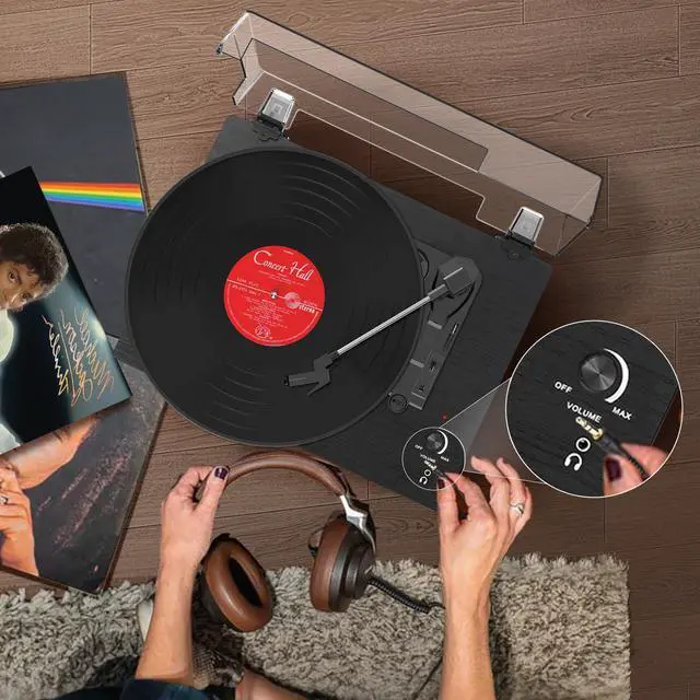 Alt view image 5 of 6 - Vinyl Record Player Bluetooth Turntable with Built in Stereo Speakers Belt Drive 3 Speeds Turntables for Vinyl Records Support RCA Output, Aux in, Auto Stop Black