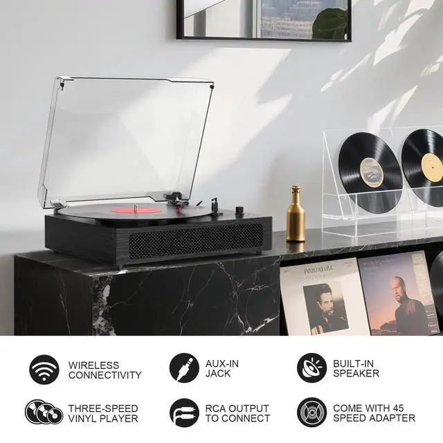 Alt view image 6 of 6 - Vinyl Record Player Bluetooth Turntable with Built in Stereo Speakers Belt Drive 3 Speeds Turntables for Vinyl Records Support RCA Output, Aux in, Auto Stop Black