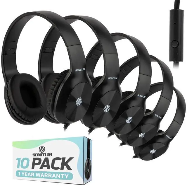 Main image of Classroom Headphones-Bulk 10-Pack, with Microphone Student On Ear Comfy Swivel Earphones for Library, School, Airplane, Kids-for Online Learning and Travel, HQ Stereo Sound 3.5mm Jack (Black)