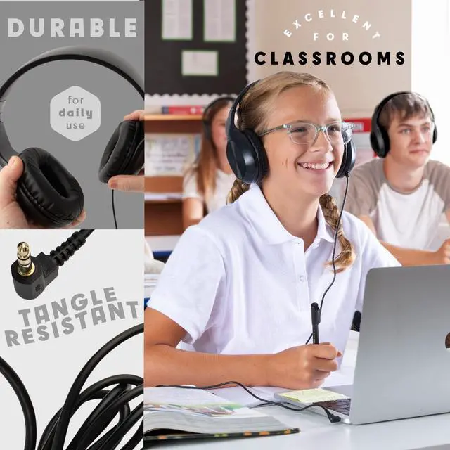 Alt view image 2 of 6 - Classroom Headphones-Bulk 10-Pack, with Microphone Student On Ear Comfy Swivel Earphones for Library, School, Airplane, Kids-for Online Learning and Travel, HQ Stereo Sound 3.5mm Jack (Black)