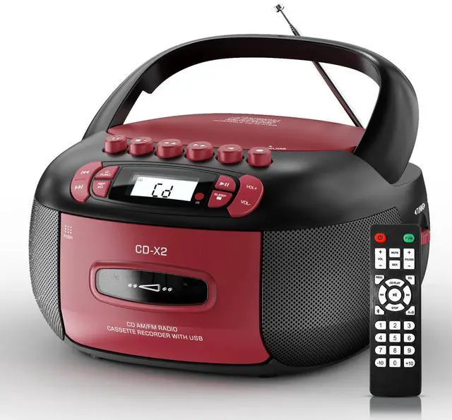 Main image of Boombox CD Cassette Player Combo Bluetooth, Radios & Remote Control | AM/FM, AUX/USB MP3, Tape Recording/Sleep Timer/Earphone Jack, DC/AC Powered for Home, Outdoor, Red