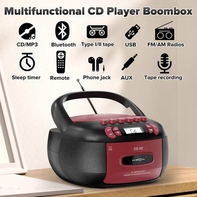 Alt view image 2 of 6 - Boombox CD Cassette Player Combo Bluetooth, Radios & Remote Control | AM/FM, AUX/USB MP3, Tape Recording/Sleep Timer/Earphone Jack, DC/AC Powered for Home, Outdoor, Red