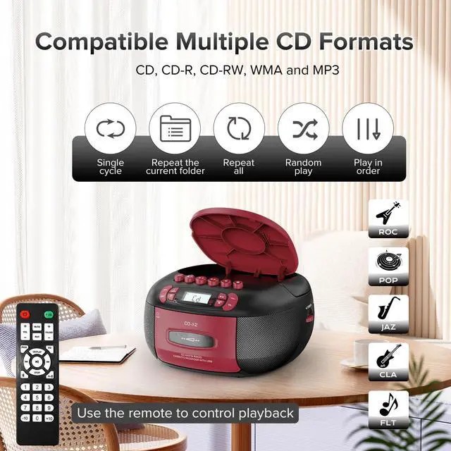 Alt view image 3 of 6 - Boombox CD Cassette Player Combo Bluetooth, Radios & Remote Control | AM/FM, AUX/USB MP3, Tape Recording/Sleep Timer/Earphone Jack, DC/AC Powered for Home, Outdoor, Red