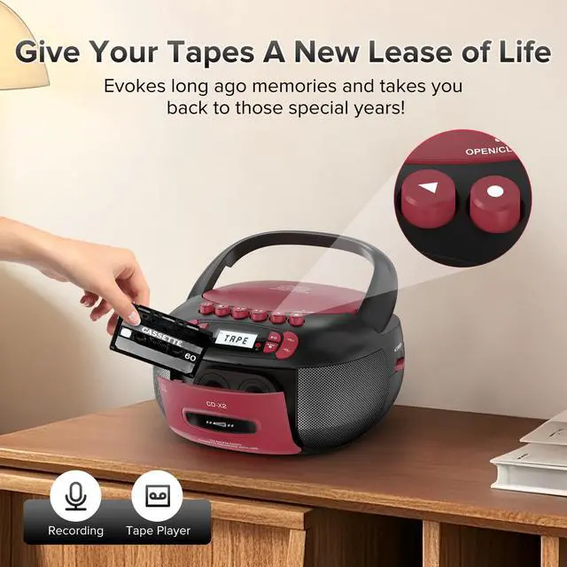 Alt view image 4 of 6 - Boombox CD Cassette Player Combo Bluetooth, Radios & Remote Control | AM/FM, AUX/USB MP3, Tape Recording/Sleep Timer/Earphone Jack, DC/AC Powered for Home, Outdoor, Red