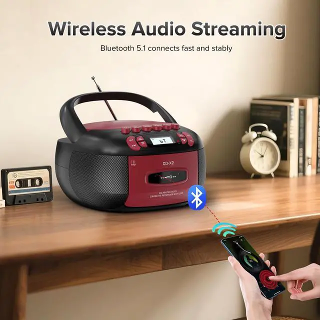 Alt view image 5 of 6 - Boombox CD Cassette Player Combo Bluetooth, Radios & Remote Control | AM/FM, AUX/USB MP3, Tape Recording/Sleep Timer/Earphone Jack, DC/AC Powered for Home, Outdoor, Red