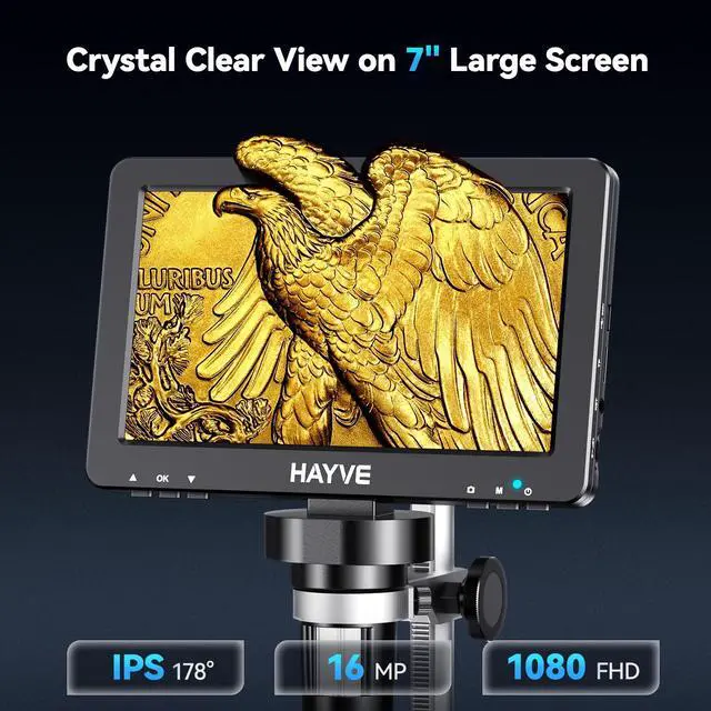 Alt view image 2 of 6 - 7'' IPS Digital Microscope 1200X DM9 Coin Microscope with Lights | 16MP Camera Sensor, 10 LED Light, Wired Remote, Compatible with Windows/Mac OS