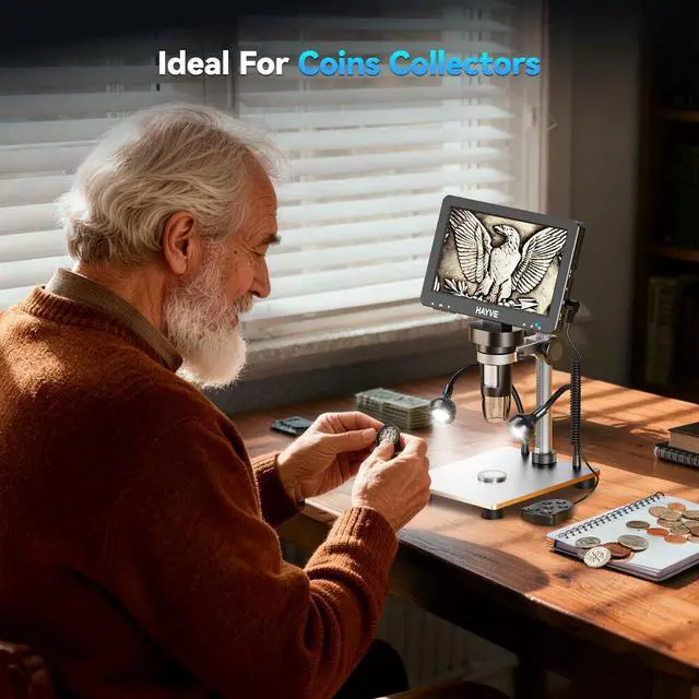 Alt view image 3 of 6 - 7'' IPS Digital Microscope 1200X DM9 Coin Microscope with Lights | 16MP Camera Sensor, 10 LED Light, Wired Remote, Compatible with Windows/Mac OS
