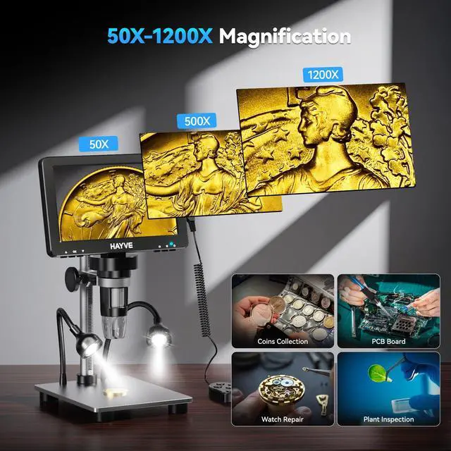 Alt view image 4 of 6 - 7'' IPS Digital Microscope 1200X DM9 Coin Microscope with Lights | 16MP Camera Sensor, 10 LED Light, Wired Remote, Compatible with Windows/Mac OS